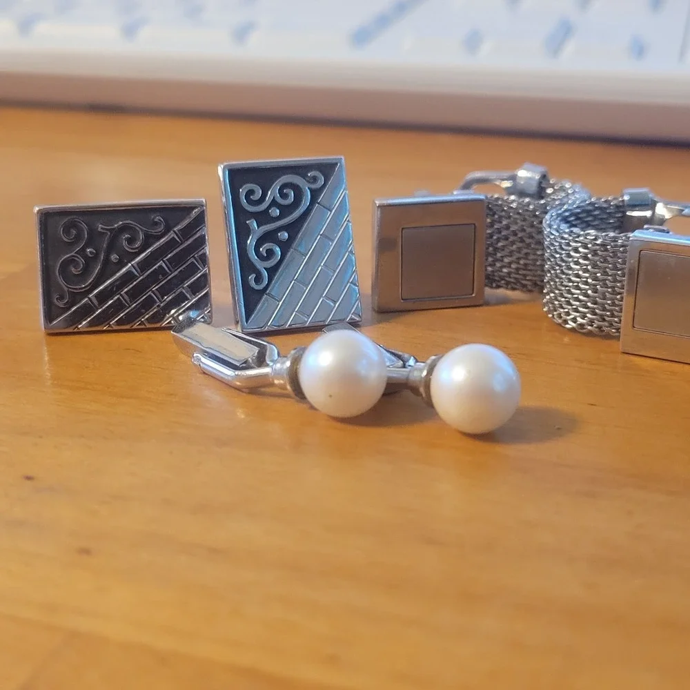 6 Pr Vintage Mens Cufflink Lot Modernist Onyx Mesh Wrap Faux Pearl